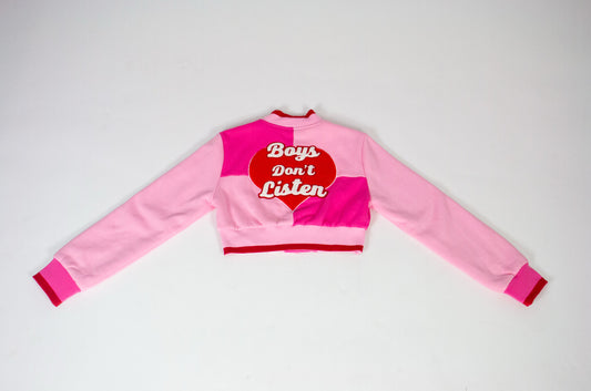 Cropped Boys Don't Listen Varsity Jacket